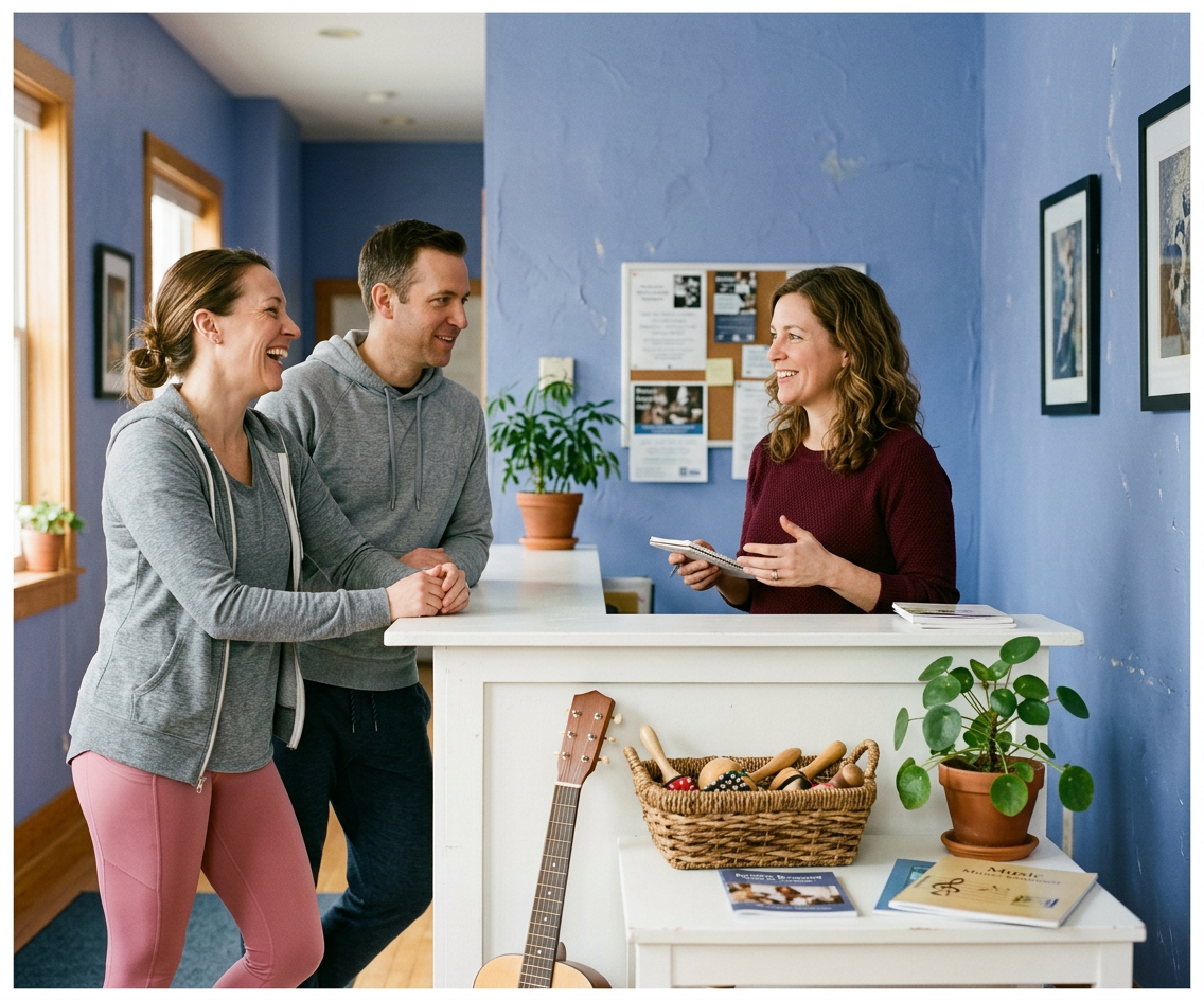 A center director behind a white counter talks with two parents, a guitar and a basket of shakers beside her