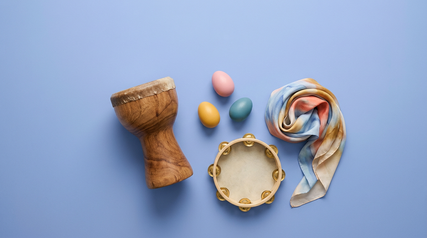 A wooden hand drum, three egg shakers, a tambourine and a silk scarf on a blue backdrop